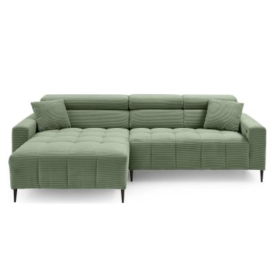 Stilvolles Ecksofa in grünem Cordbezug mit klaren Linien und schwarzen Füßen, moderne Wohnoptik.