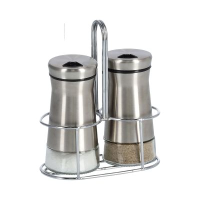 Alternative Ansicht: Zeller Salz-/Pfefferstreuer-Set 3tlg.; Farbe transparent; Material Glas/Edelstahl; Maße Gestell: ca. 12 × 6 × 16 cm, Streuer: 2 × D 5 × 11,3 cm.
