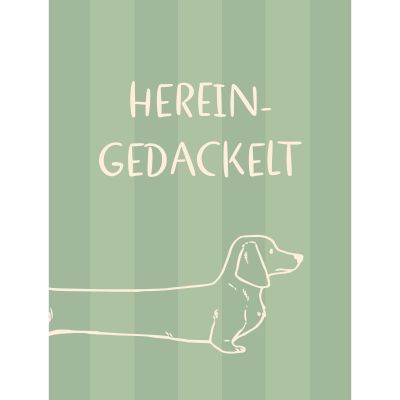 Grünes Dekoschild mit weißem Schriftzug Herein Gedackelt und gezeichnetem Dackel vor gestreiftem Hintergrund