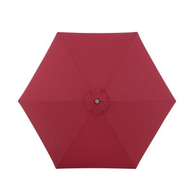 Von oben fotografierter roter Sonnenschirm mit sechseckigem Schirmdach und zentraler Nahtführung.
