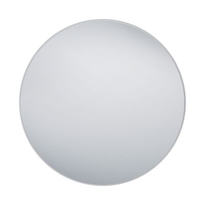 Spiegel Britta in Silber, freigestellt in einer zweiten Gesamtansicht; zu sehen ist die runde Spiegelfläche mit schmalem Rahmen; Maße ca. 110 x 110 x 3 cm.