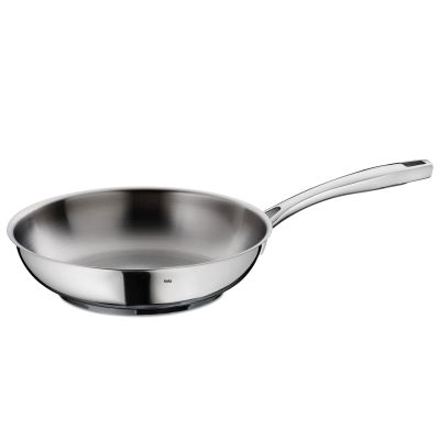 Runde Bratpfanne aus silberfarbenem Edelstahl mit flachem Rand und langem seitlichem Metallgriff