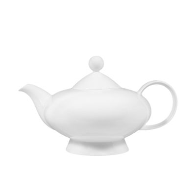 Teekanne in Weiß; bauchige Form mit Deckel, Ausguss und rundem Henkel. Ansicht: Seitenansicht.