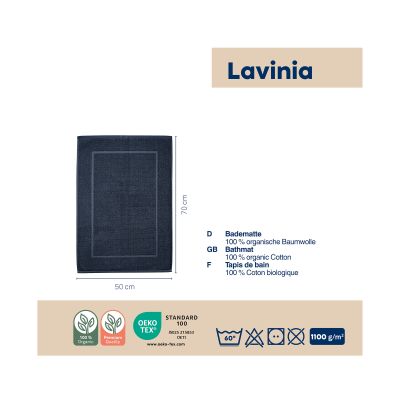 Informationsgrafik mit tiefseeblauem Badvorleger Lavinio und Angaben zu Material und Produkteigenschaften