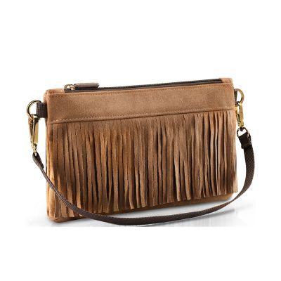 Braune Clutch von Reisenthel mit Fransen, Reißverschluss und abnehmbarem Trageriemen