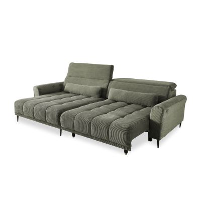 Ecksofa in modernem Design mit grünem Cordbezug und geradliniger Form.