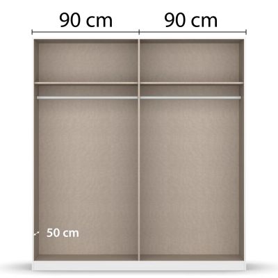 Innenansicht eines Kleiderschranks mit zwei gleich großen Bereichen à 90 cm Breite und Kleiderstangen sowie Ablagefächern