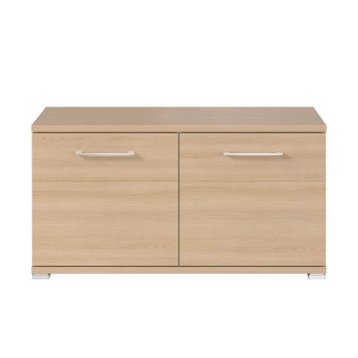 Frontalansicht der Sitzbank aus Holzoptik mit zwei Türen und Metallgriffen