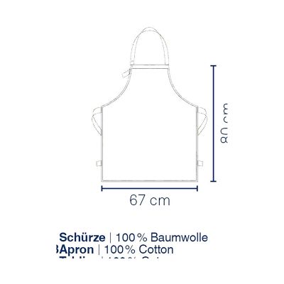 Produktzeichnung einer grünen Küchenschürze mit Angaben zu Breite Höhe Material und Pflege