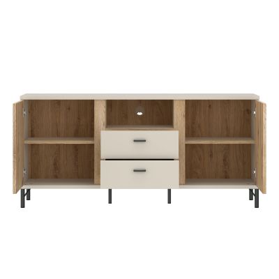 Sideboard in Kaschmir und Eiche mit geöffneten Türen, vier Schubladen und großzügigem Stauraum auf mehreren Einlegeböden