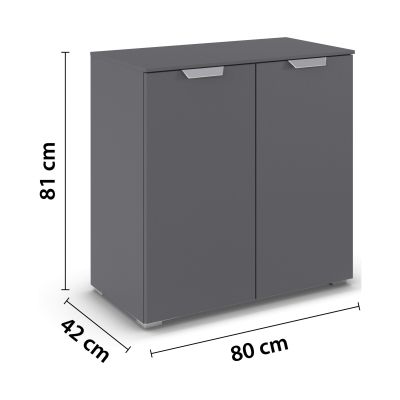 Graue Kommode mit Maßangaben Breite 80 cm, Höhe 81 cm und Tiefe 42 cm mit zwei Türen und Griffen