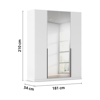 Weißer Kleiderschrank mit Spiegeltüren und Maßangaben Breite 181 cm, Höhe 210 cm und Tiefe 54 cm