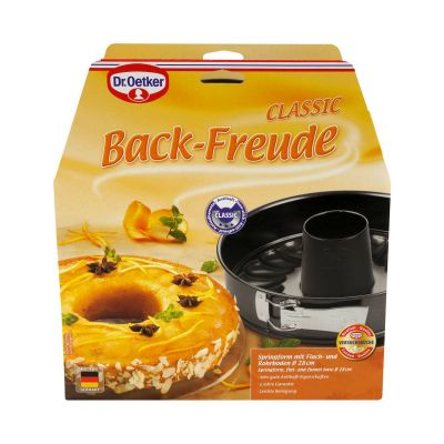 Verpackung der Springform 28 cm mit Back Freude Design und Kuchenbild