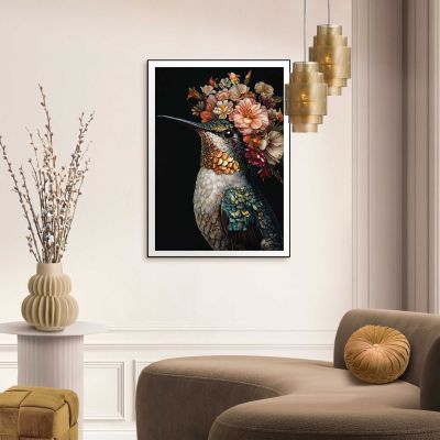 Das Wandbild „Lovely Hummingbird“ in Mehrfarbig, 50 × 70 cm, hängt in einem eingerichteten Wohnraum und zeigt die Größenwirkung an der Wand.