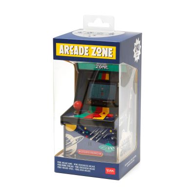 Mini-Arcade-Spiel mit Weltraumdesign, in einer transparenten Kartonverpackung dargestellt.