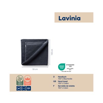 Produktdarstellung des tiefseeblauen Handtuchs der Serie Lavinio mit Angaben zu Material und Eigenschaften