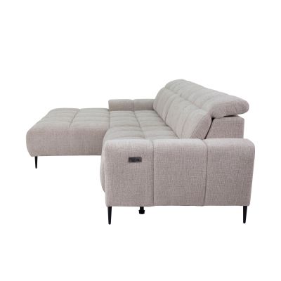 Rechte Seitenansicht des Ecksofas mit gepolsterter Armlehne, integriertem Bedienelement und Ottomane links