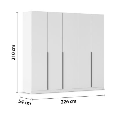 Weißer 5-türiger Kleiderschrank mit Maßangaben Breite 226 cm, Höhe 210 cm und Tiefe 54 cm