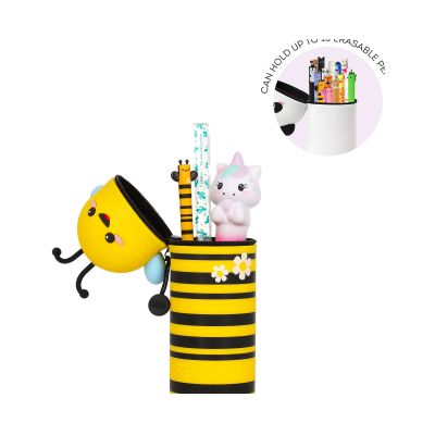Gelb-schwarzes 2-in-1-Silikon-Federmäppchen im Bienen-Design, teilweise geöffnet mit eingeblendeter Darstellung der verstellbaren Höhe gezeigt.