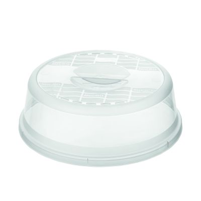 Runde Mikrowellenhaube aus transparentem Kunststoff mit Belüftungsöffnung im Deckel