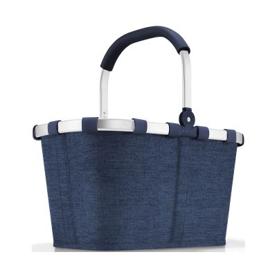 Einkaufskorb von Reisenthel, Modell Carrybag, in Dunkelblau mit melierter Struktur, frontal mit hochgestelltem Aluminiumgriff.