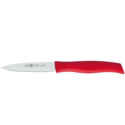 Schmales Spick- und Garniermesser mit kurzer Klinge, Serie Twin Grip von ZWILLING, in Rot, Klingenlänge 90 mm, freigestellt auf weißem Hintergrund.