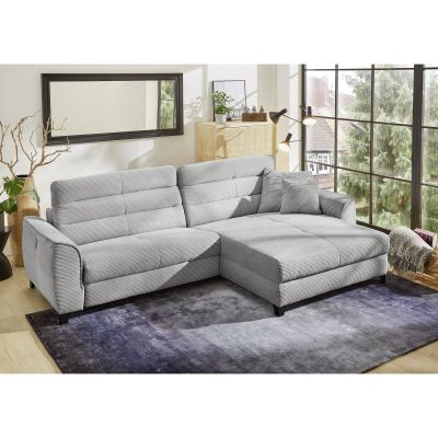 Hellgraues Cord-Ecksofa mit individuell verstellbaren Kopfteilen.