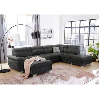 Wohnlandschaft in Grau, Stellmaß 347x233x180x91 cm, mit zwei Zierkissen in Dunkelgrau und Hellgrau, dargestellt in einem Wohnzimmer