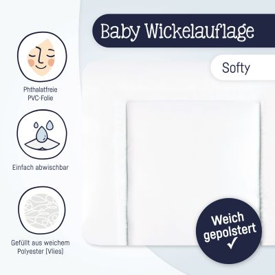 Informationsgrafik einer weißen Wickelauflage mit Symbolen zu phthalatfreier Folie, abwischbarer Oberfläche und weicher Polsterung