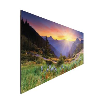 Seitliche Schrägansicht des Wandbilds „Swiss Mountains“, 30 × 90 cm; Profil, Kante und Tiefe des Bildes sind erkennbar.