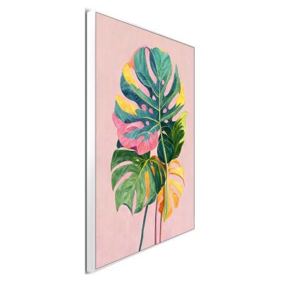 Seitliche Schrägansicht des Wandbilds „Colourful Leafs“, 30 × 40 cm; Profil, Kante und Tiefe des Bildes sind erkennbar.