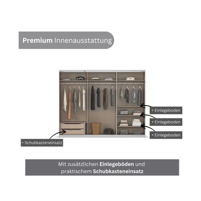 Innenaufteilung eines Kleiderschranks mit Kleiderstangen, Einlegeböden und integriertem Schubkasteneinsatz