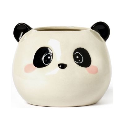 Keramik-Stiftehalter im Panda-Design, leer in Nahansicht auf weißem Hintergrund gezeigt.