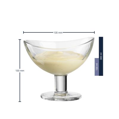 Glasschale mit Darstellung von Maßen 135 mm Breite, 120 mm Höhe und 300 ml Fassungsvermögen
