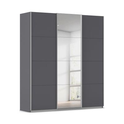 Moderner Schwebetürenschrank in Grau-Metallic mit mittiger Spiegeltür und klarer Linienführung
