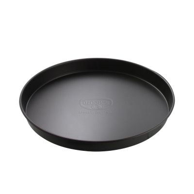Rundes schwarzes Backblech für Pizza oder Kuchen mit flachem Rand