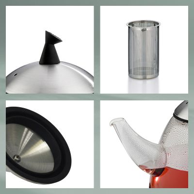 Vier Detailbilder einer transparenten Teekanne mit Deckel, Edelstahlfilter, Griff und Ausgießer