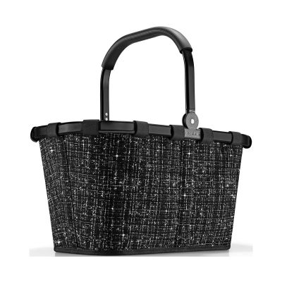 Einkaufskorb von Reisenthel, Modell Carrybag, in Schwarz mit Bouclé-Struktur, frontal mit hochgestelltem Tragegriff und Aluminiumrahmen