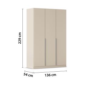 Champagnerfarbener Kleiderschrank mit eingezeichneten Maßen von 229 cm Höhe, 136 cm Breite und 54 cm Tiefe