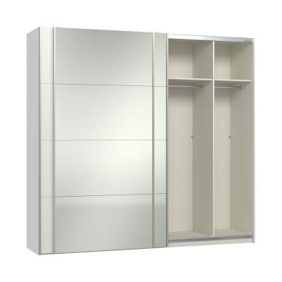 Teilgeöffneter Schwebetürenschrank mit zwei Innenfächern und Kleiderstangen