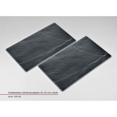 Herdabdeckplatte 52x30x0,5cm Life Style: zwei dunkle Herdabdeckplatten in Schieferoptik versetzt auf grauem Hintergrund.