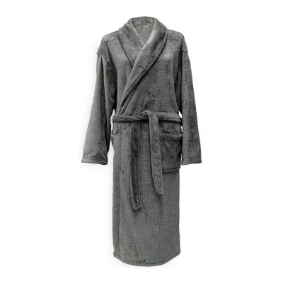 Cara Bademantel in Dark Grey, Größe L: langer Bademantel aus einfarbigem, flauschig wirkendem Stoff, mit Schalkragen, Bindegürtel und Taschen in Ganzansicht.