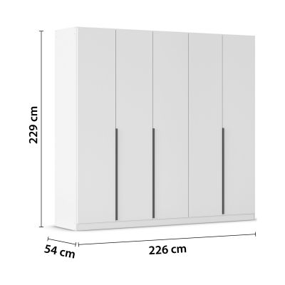Weißer 5-türiger Kleiderschrank mit Maßangaben Breite 226 cm, Höhe 229 cm und Tiefe 54 cm