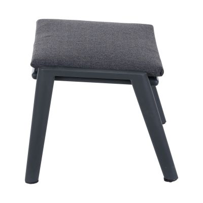 Dunkelgrauer Hocker mit Aluminiumgestell und Polsterkissen, seitlich von hinten aufgenommen