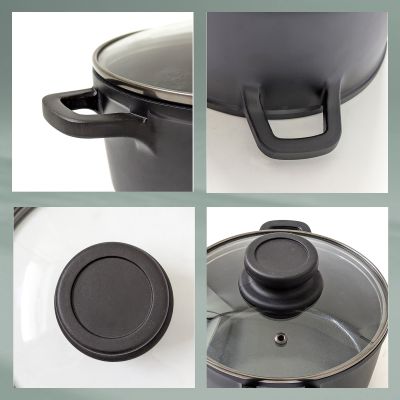 Collage mit seitlichem Griff Topfboden Glasdeckel und Deckelknauf des Fleischtopfs