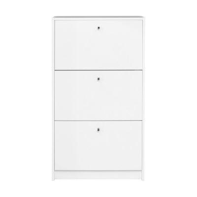 Weißer Schuhschrank mit drei großen Klappfächern in geradlinigem Design, platzsparend und modern