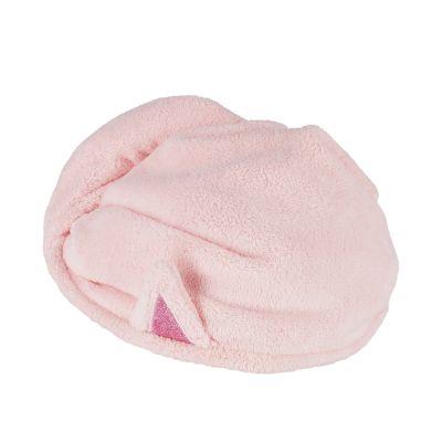 Rosa Haarturban-Handtuch im Katzen-Design, zusammengerollt mit sichtbarem Tiermotiv gezeigt.