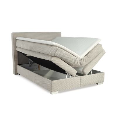 Boxspringbett mit Liegefläche 140×200 cm in Light Greige, gezeigt mit beiden Bettkästen hochgeklappt