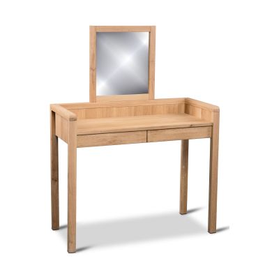 Schminktisch aus hellem Holz mit zwei Schubladen und rechteckigem Spiegelaufsatz, auf weißem Hintergrund fotografiert