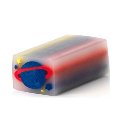 Dunkler Duft-Radiergummi mit Planetenmotiv, ohne Banderole als rechteckiger Radiergummi gezeigt.